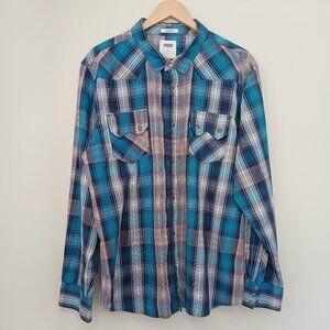 Vintage Western Levi's Double Pocket Plaid Marbled Snap Button Shirt Size XXL